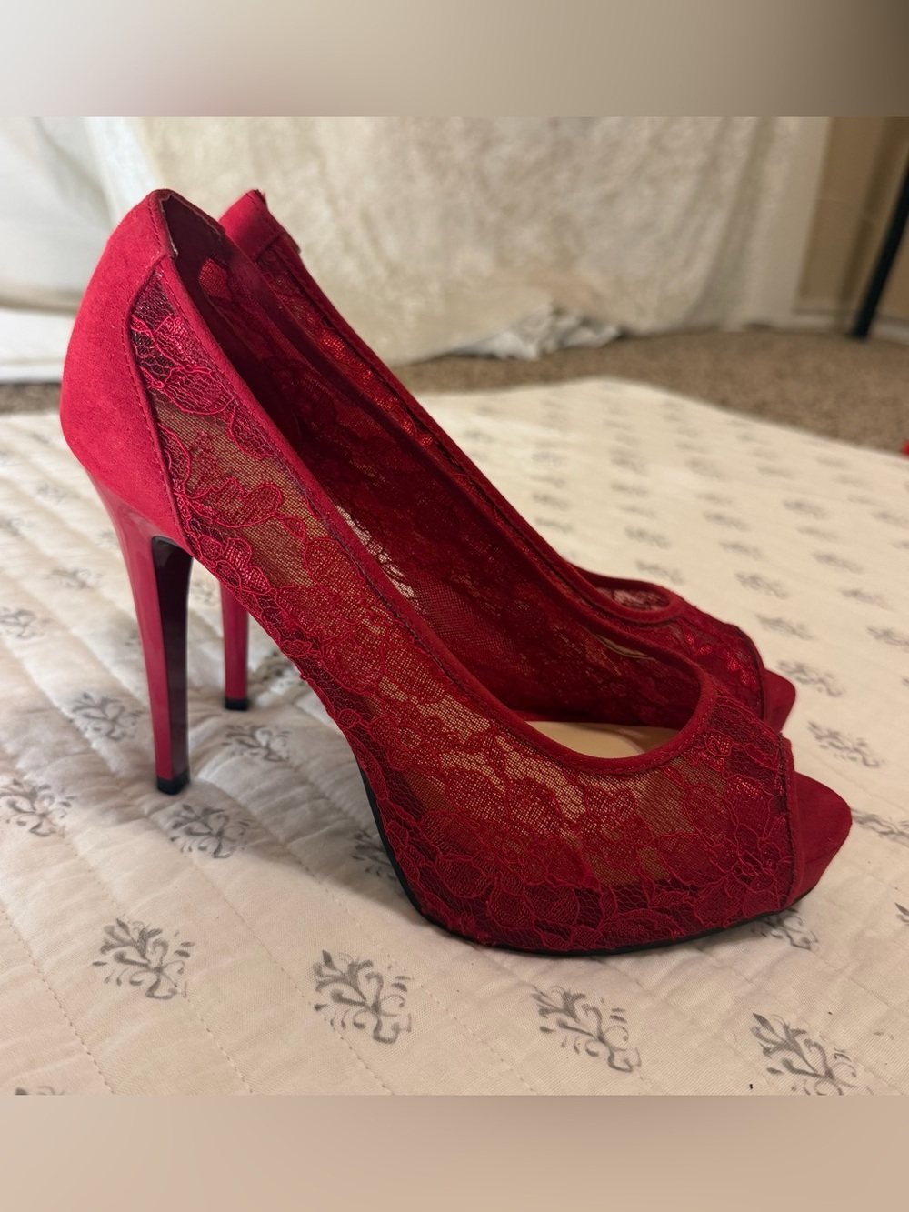 Guess Red Lace Peep Toe Platform Heels Size